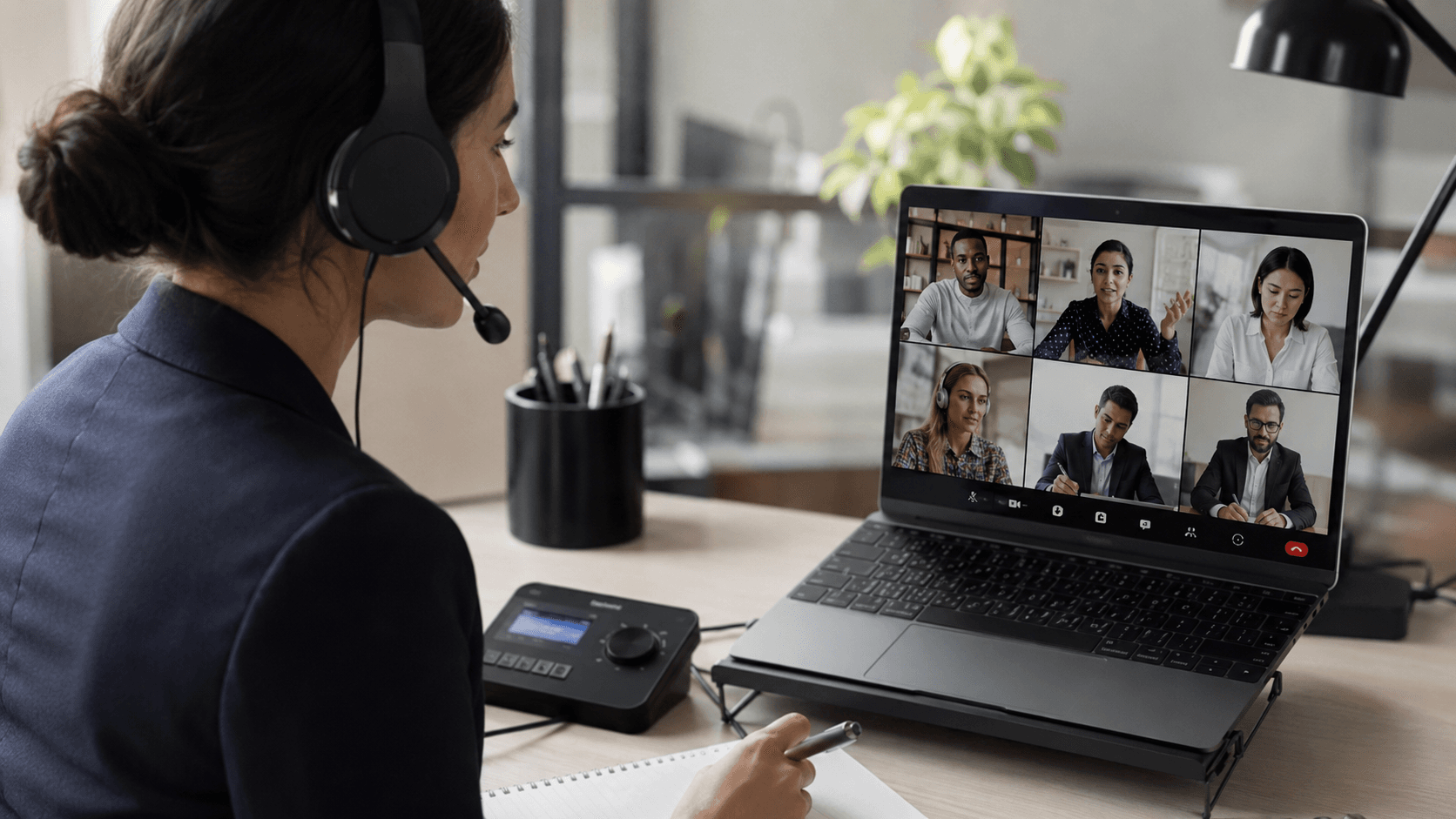 Interpreter wearing a headset during an online interpretation meeting